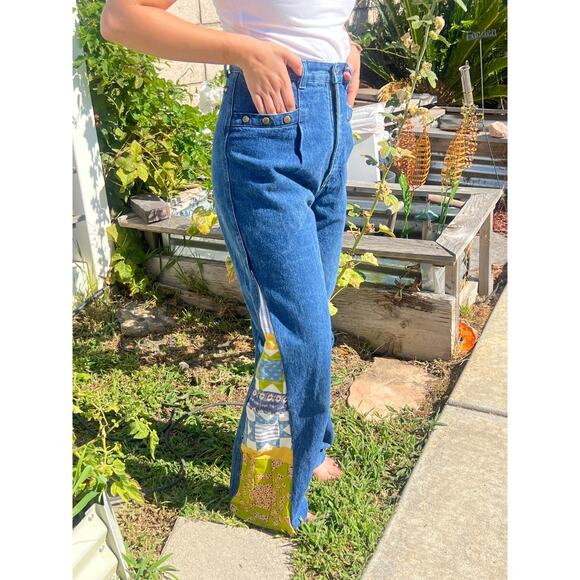 Vintage Womens Handmade Patchwork Quilted Jeans Sz 5 High Waist 24 Cowgirl Boho - Picture 1 of 11